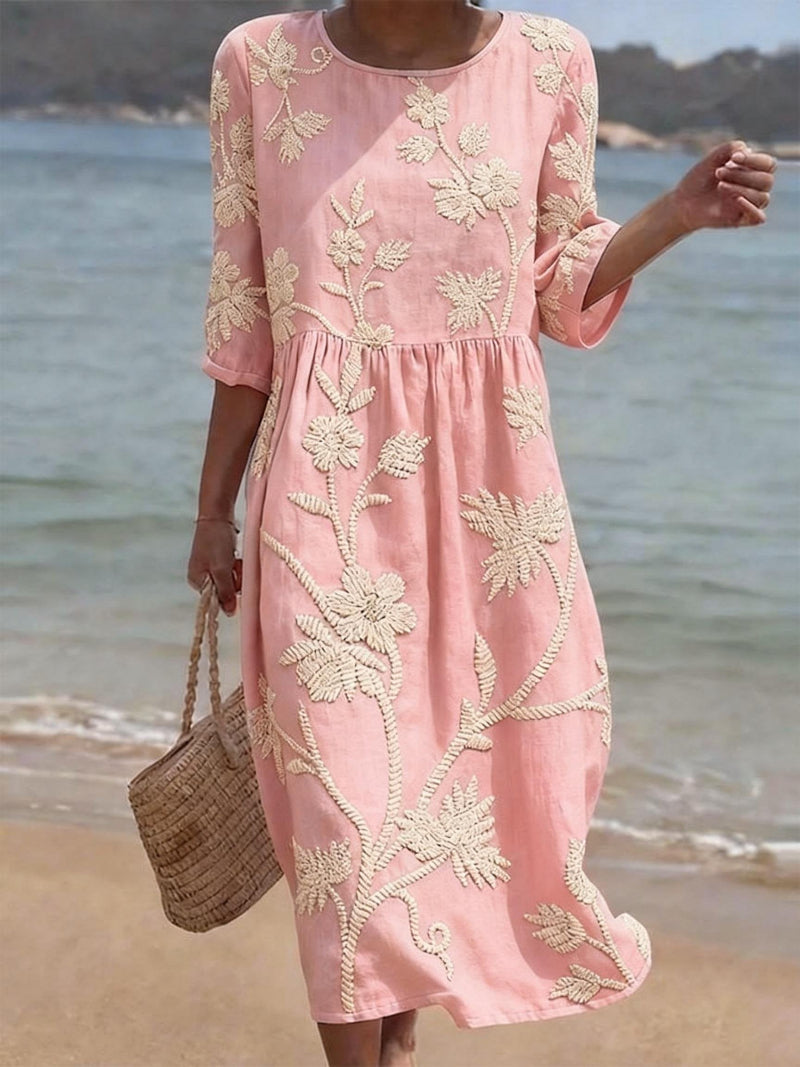 Dames Bloemenprint Midi-Jurk - Elegante Zomerlook - Lichtroze