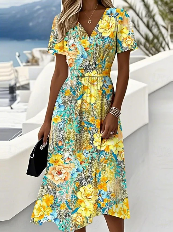 Dames bloemenprint wikkel midi-jurk in geel, elegant