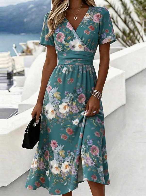Dames bloemenprint wikkel midi-jurk in groen, elegant