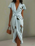 Dames Bloemenprint Wikkel Midi Jurk - Elegant - Lichtblauw