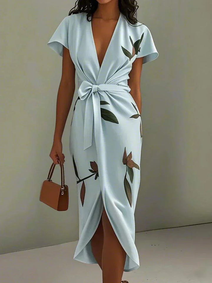 Dames Bloemenprint Wikkel Midi Jurk - Elegant - Lichtblauw