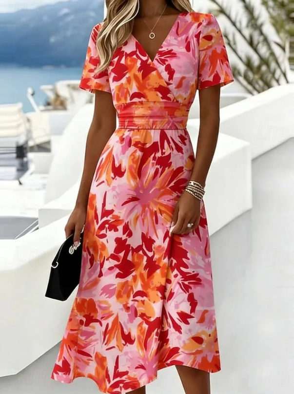 Dames bloemenprint wikkel midi-jurk in oranje, elegant