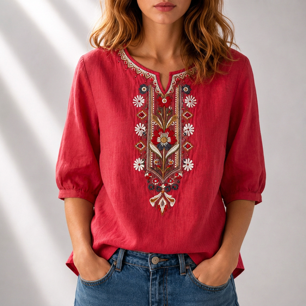 Dames Blouse met Bloemenborduursels in baksteenrood, Elegant Comfort
