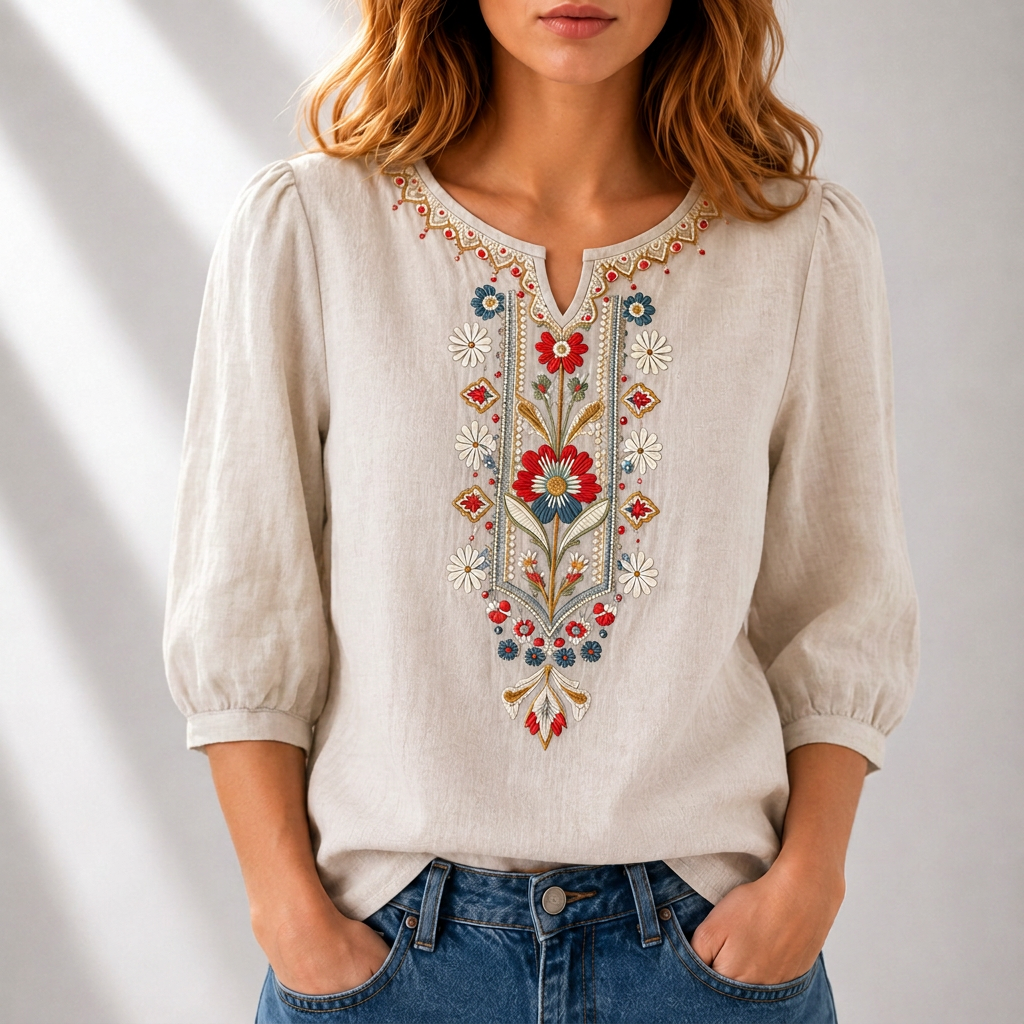 Dames Blouse met Bloemenborduursels in beige, Elegant Comfort