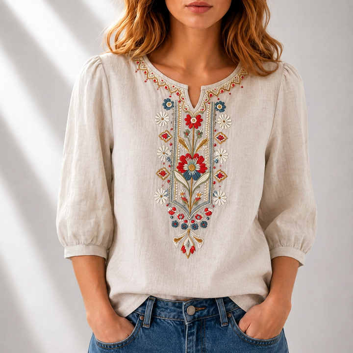 Dames Blouse met Bloemenborduursels in beige, Elegant Comfort