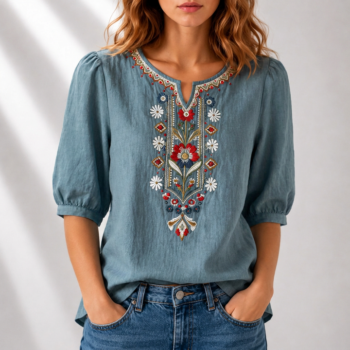 Dames Blouse met Bloemenborduursels in blauw, Elegant Comfort