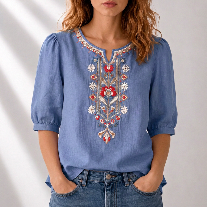 Dames Blouse met Bloemenborduursels in denimblauw, Elegant Comfort