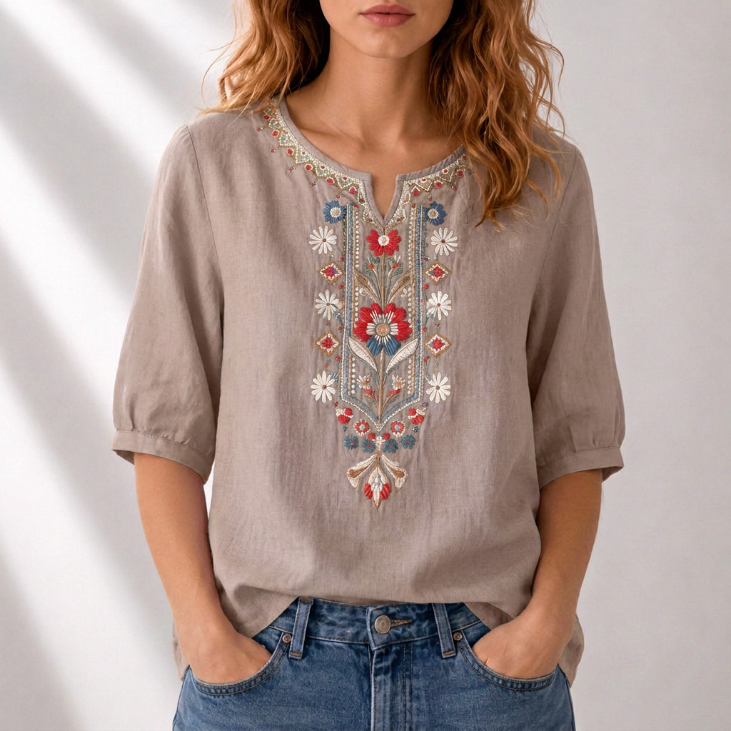 Dames Blouse met Bloemenborduursels in donker khaki, Elegant Comfort