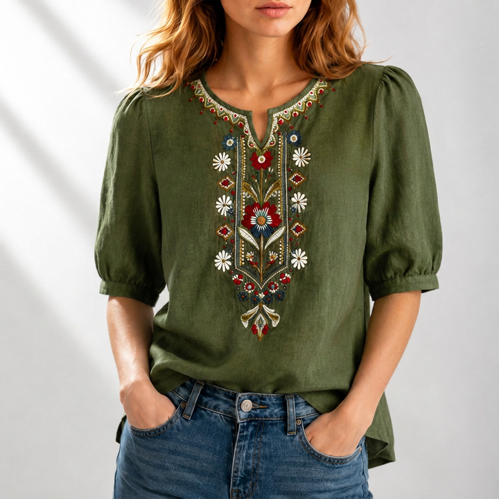 Dames Blouse met Bloemenborduursels in olijfgroen, Elegant Comfort