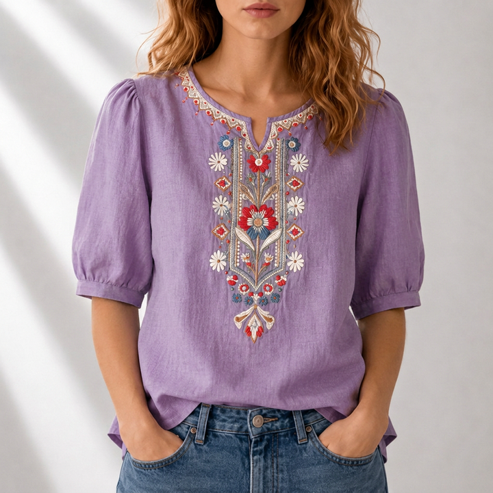Dames Blouse met Bloemenborduursels in paars, Elegant Comfort