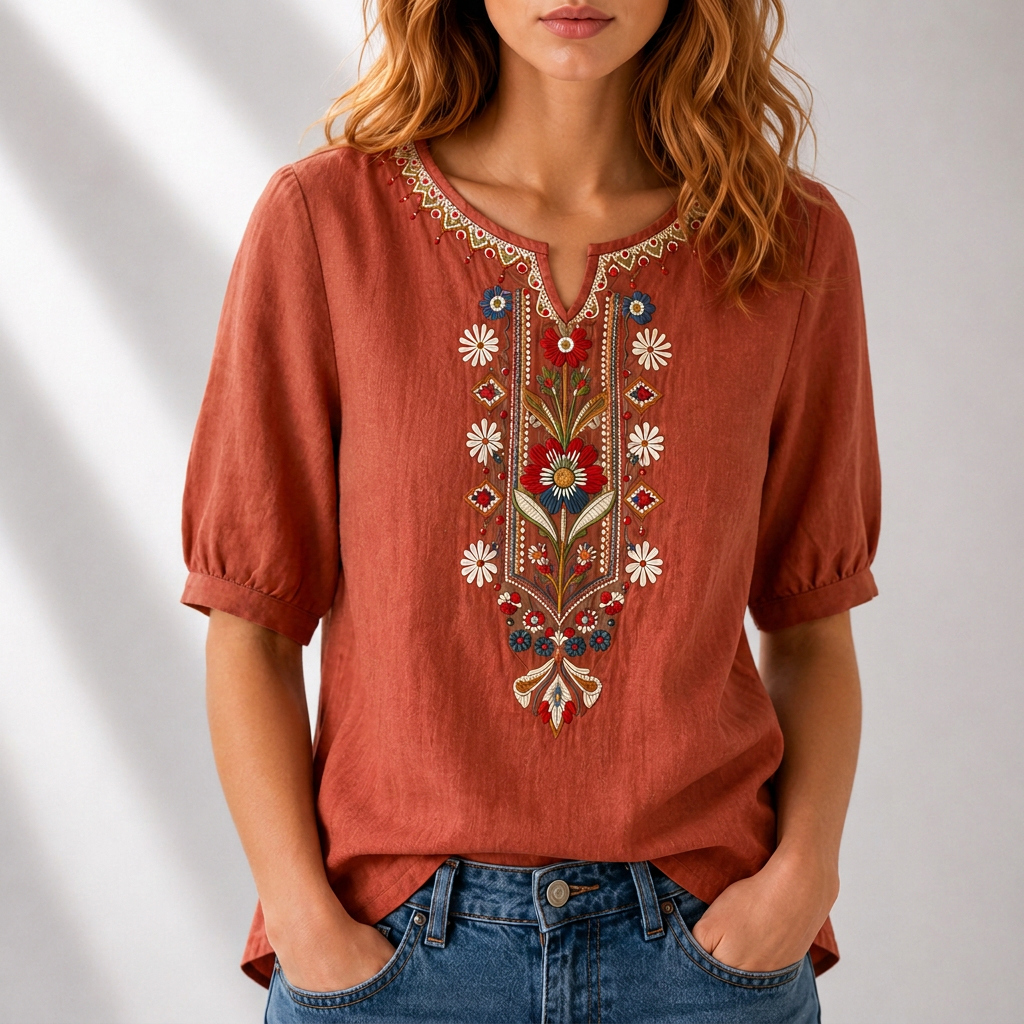 Dames Blouse met Bloemenborduursels in verbrande oranje, Elegant Comfort