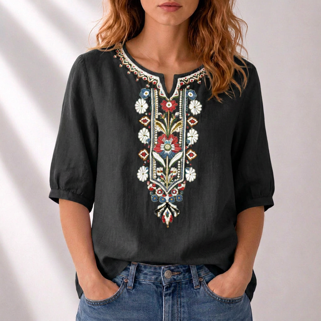 Dames Blouse met Bloemenborduursels in zwart, Elegant Comfort