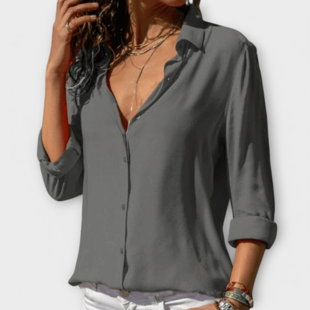 Dames Blouse met Knopen in grijs, Elegante Klassieke Snit