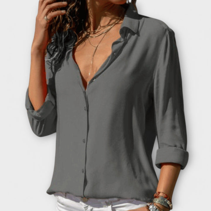 Dames Blouse met Knopen in grijs, Elegante Klassieke Snit