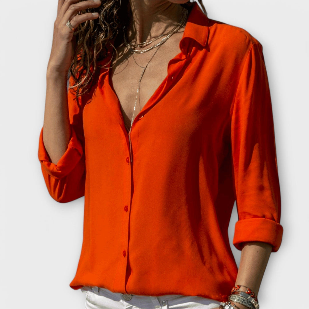Dames Blouse met Knopen in oranje, Elegante Klassieke Snit