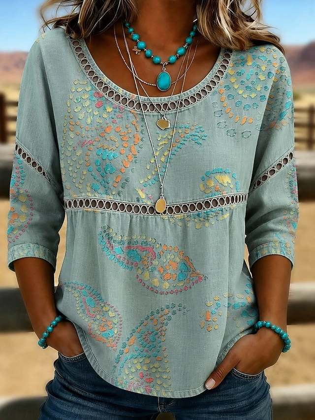 Dames Bohemian Eyelet Top in blauw, Relaxed Fit
