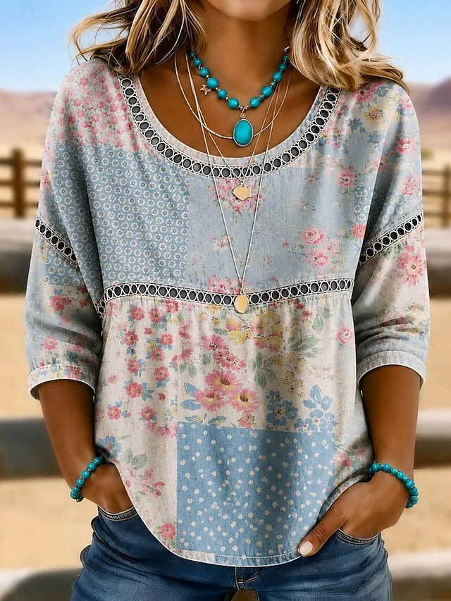 Dames Bohemian Eyelet Top in grijsgroen, Relaxed Fit