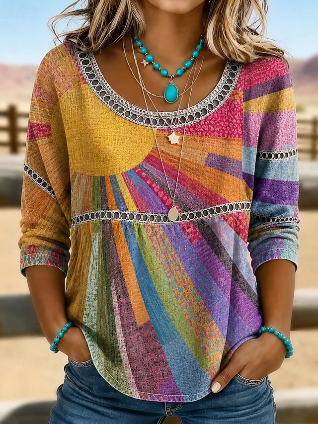 Dames Bohemian Eyelet Top in regenboog, Relaxed Fit