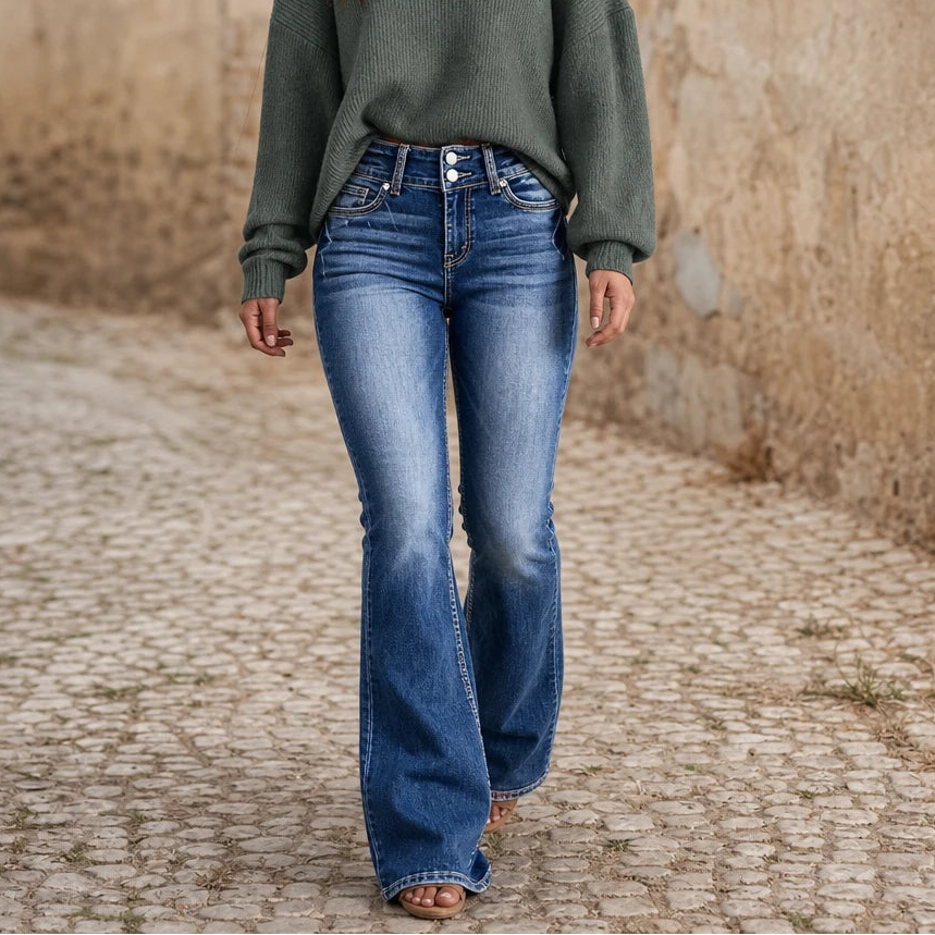 Dames Bootcut Jeans Hoge Taille in blauw, Dubbele Knoop Pasvorm