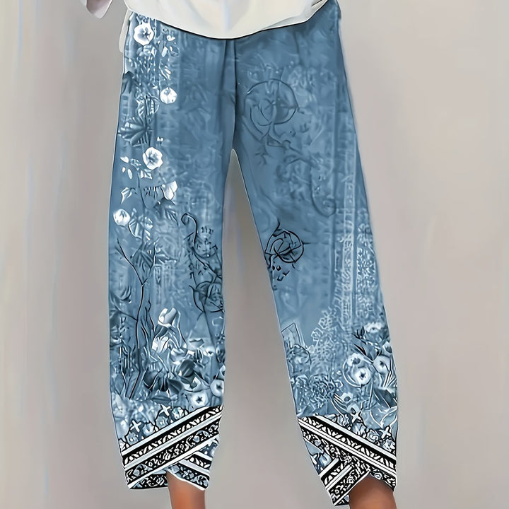 Dames Botanische Cropped Broek in blauw retro, Vintage Print