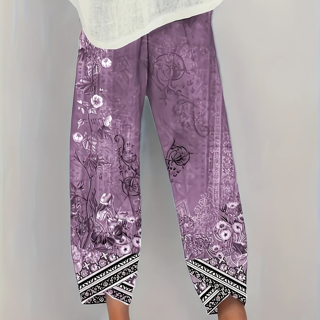 Dames Botanische Cropped Broek in paars retro, Vintage Print
