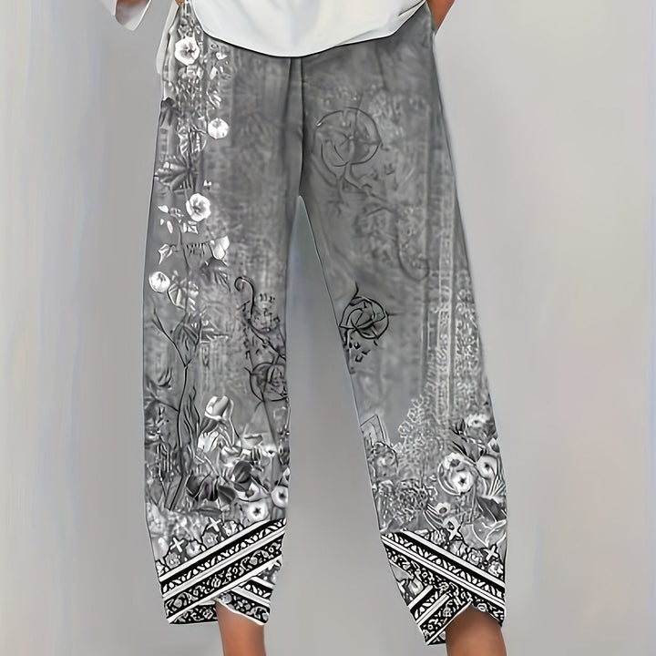 Dames Botanische Cropped Broek in zwart retro, Vintage Print