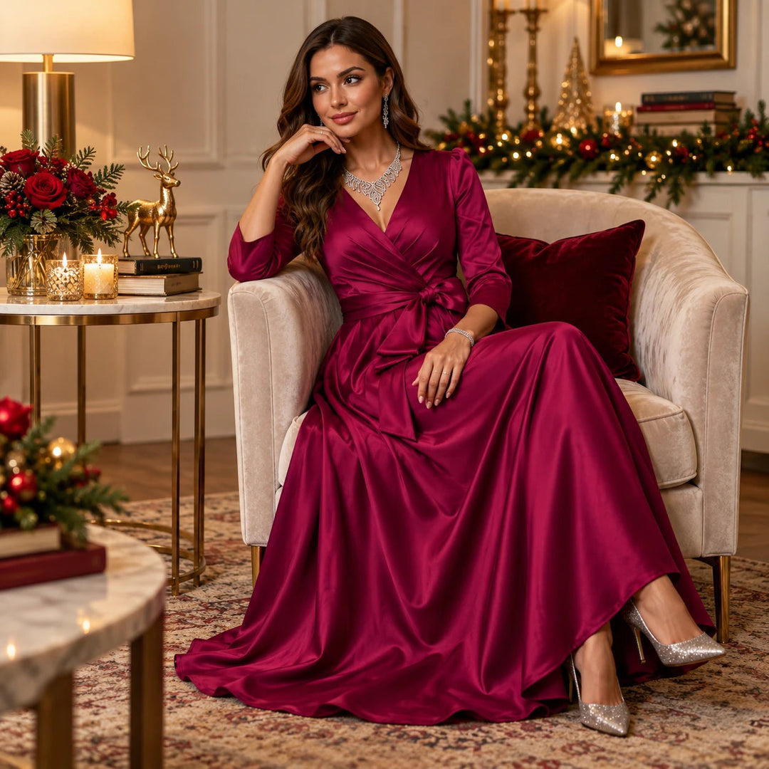 Dames Brocade Plissé Wikkel Maxi Jurk - Elegante Avondjurk