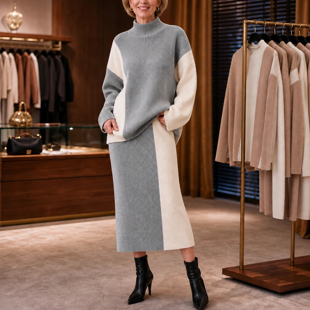 Dames Contrastpaneel Trui en Rok Set in grijs, Minimalistisch