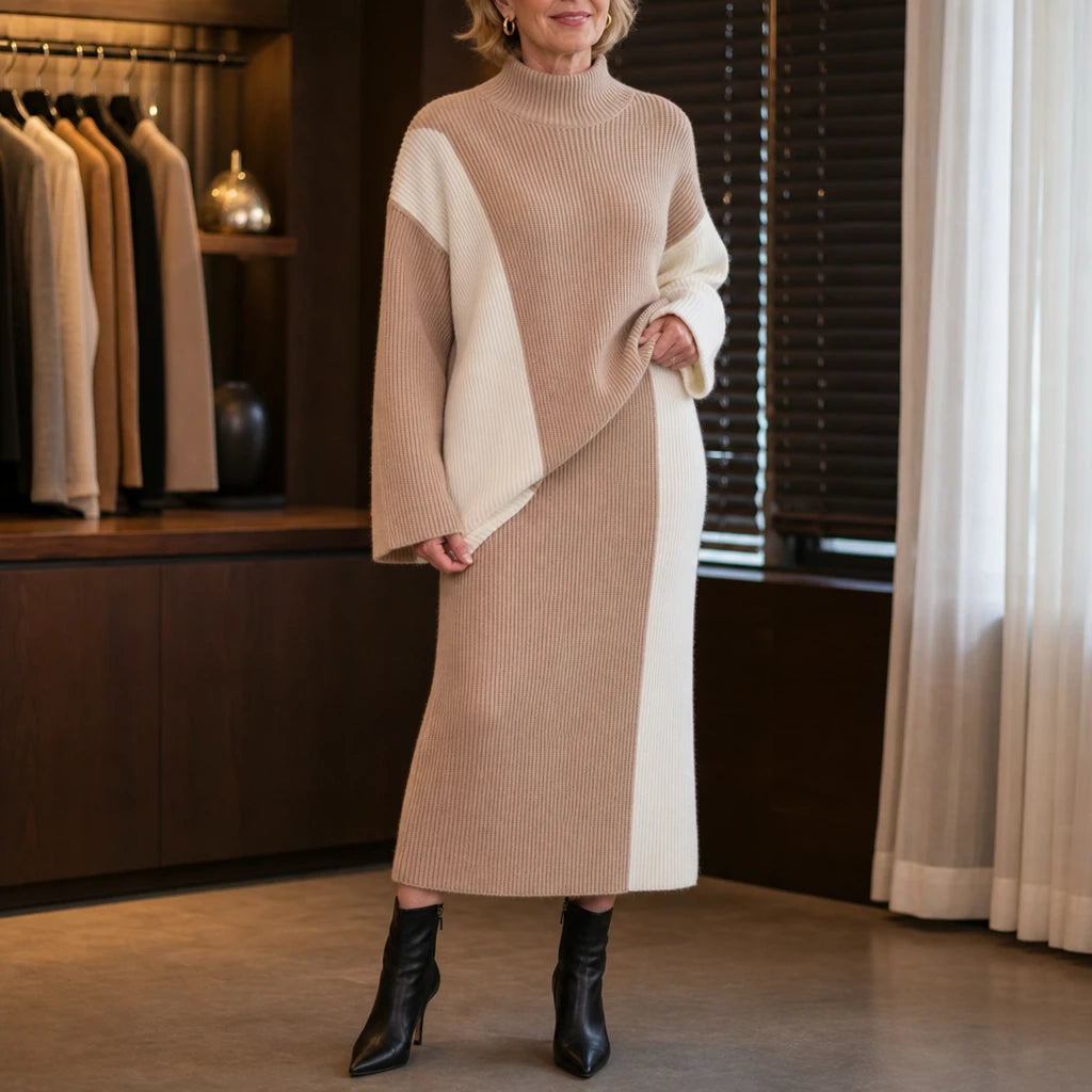 Dames Contrastpaneel Trui en Rok Set in khaki, Minimalistisch