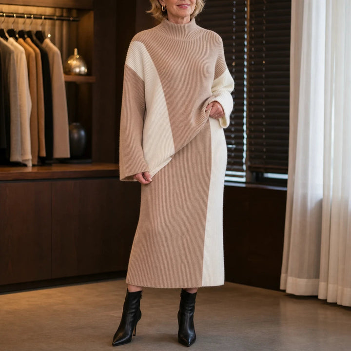 Dames Contrastpaneel Trui en Rok Set in khaki, Minimalistisch