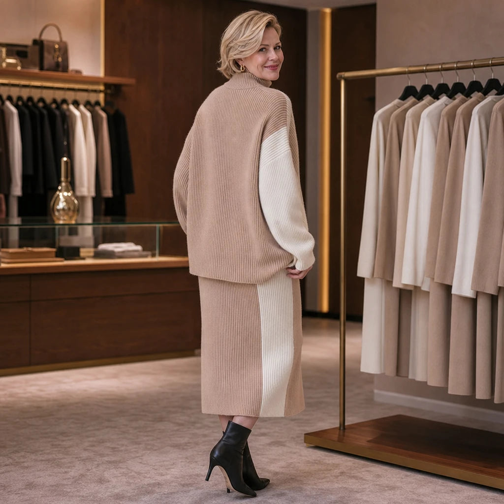 Dames Contrastpaneel Trui en Rok Set - Minimalistisch