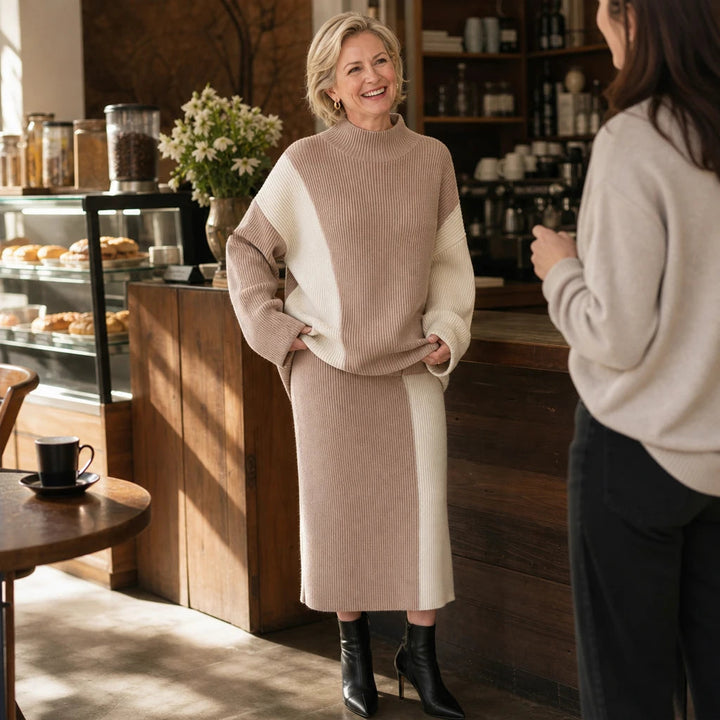 Dames Contrastpaneel Trui en Rok Set - Minimalistisch