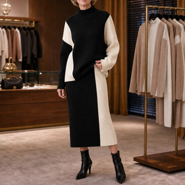 Dames Contrastpaneel Trui en Rok Set in zwart, Minimalistisch