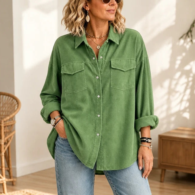Dames Corduroy Overhemd in groen, Relaxed Fit met Druppelschouders