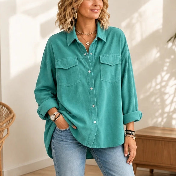 Dames Corduroy Overhemd in turquoise, Relaxed Fit met Druppelschouders