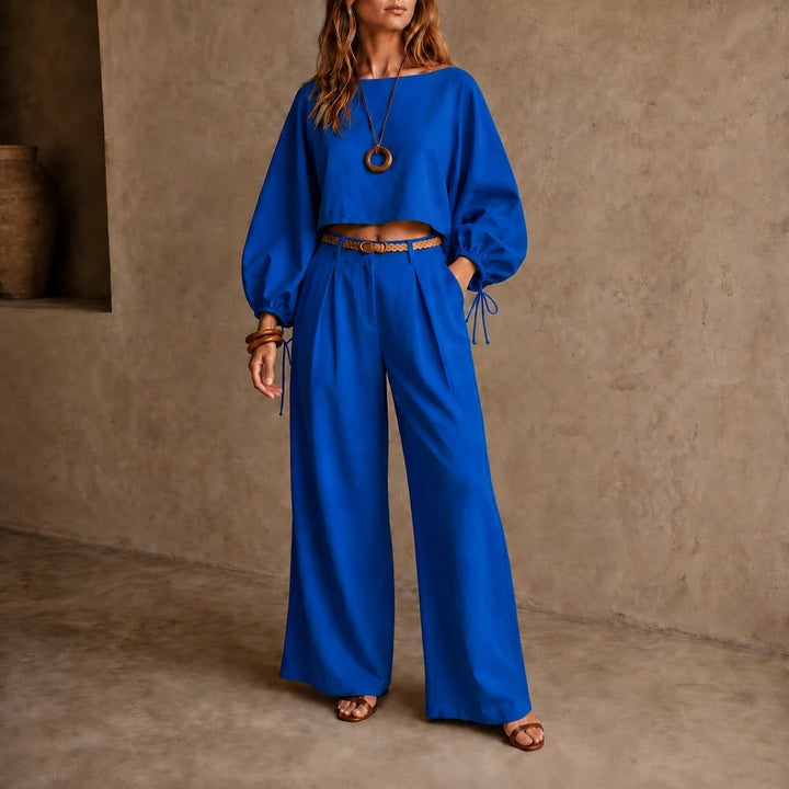 Dames Crop Top en Wijde Broek Set in blauw, Casual Outfit