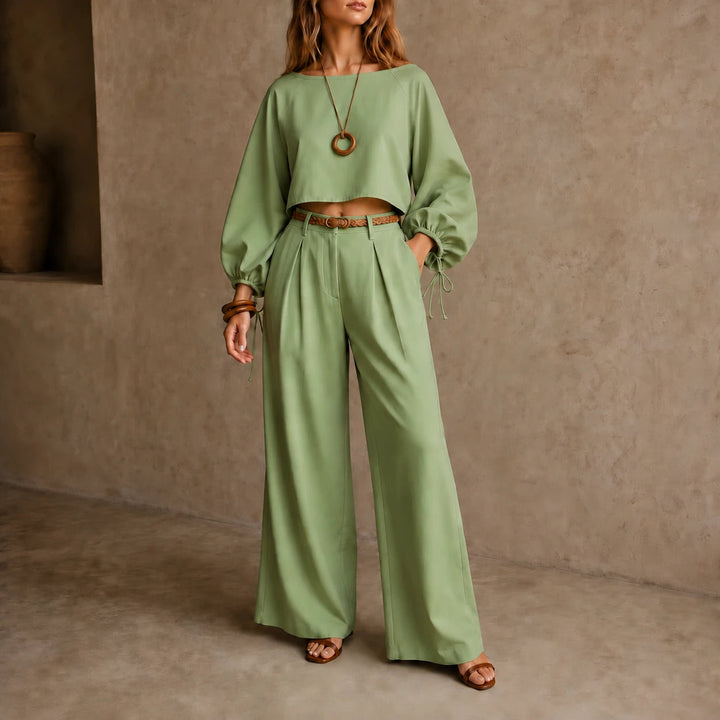 Dames Crop Top en Wijde Broek Set in groen, Casual Outfit