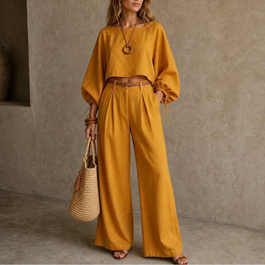 Dames Crop Top en Wijde Broek Set in oranje, Casual Outfit