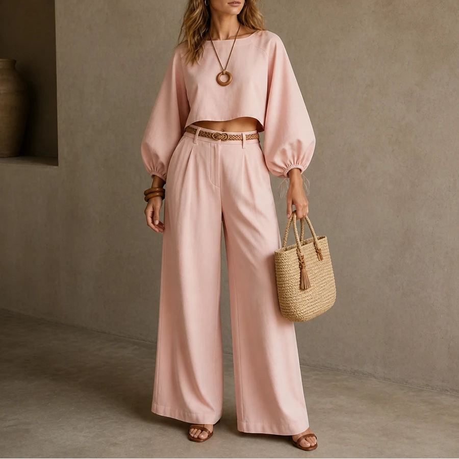 Dames Crop Top en Wijde Broek Set in roze, Casual Outfit