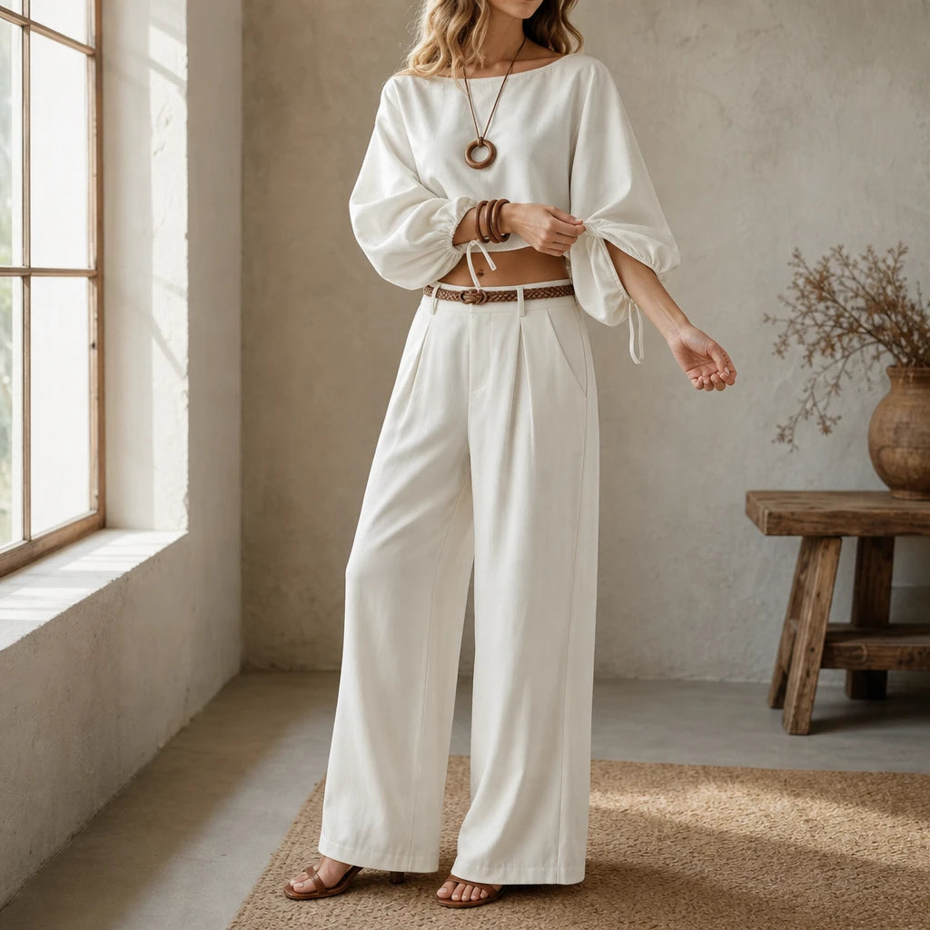 Dames Crop Top en Wijde Broek Set - Casual Outfit