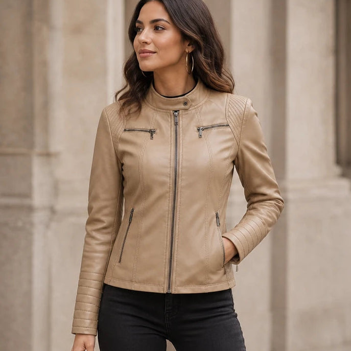Dames Cropped Biker Jas - Zwart Kunstleer