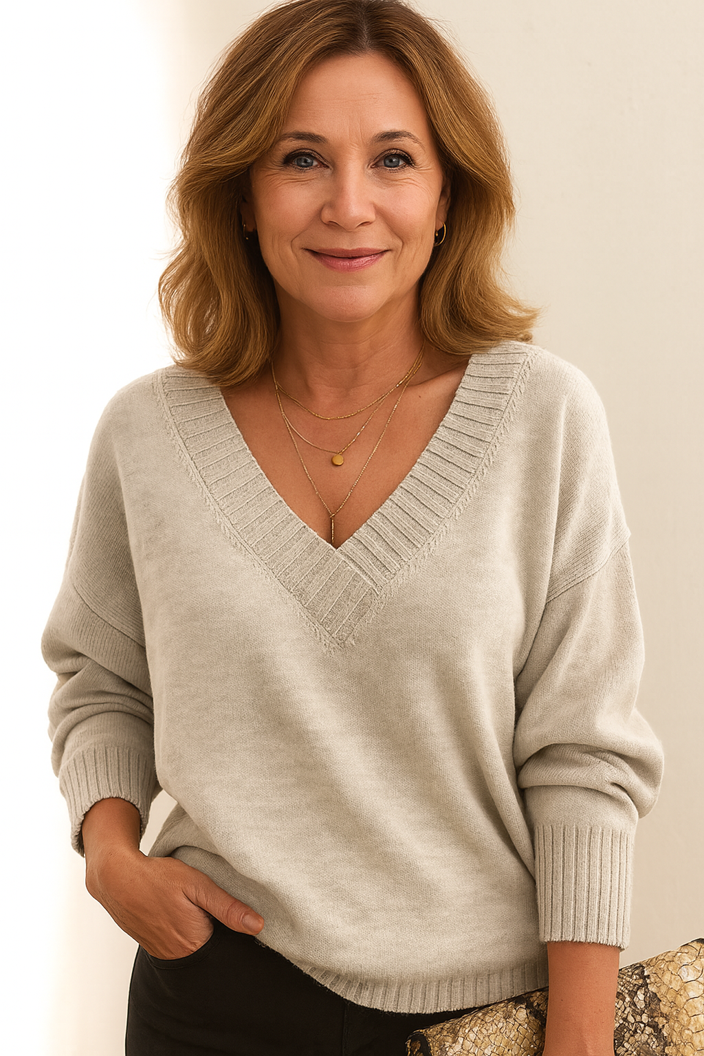 Dames Diep V-hals Gebreide Trui in beige, Fijne Knit