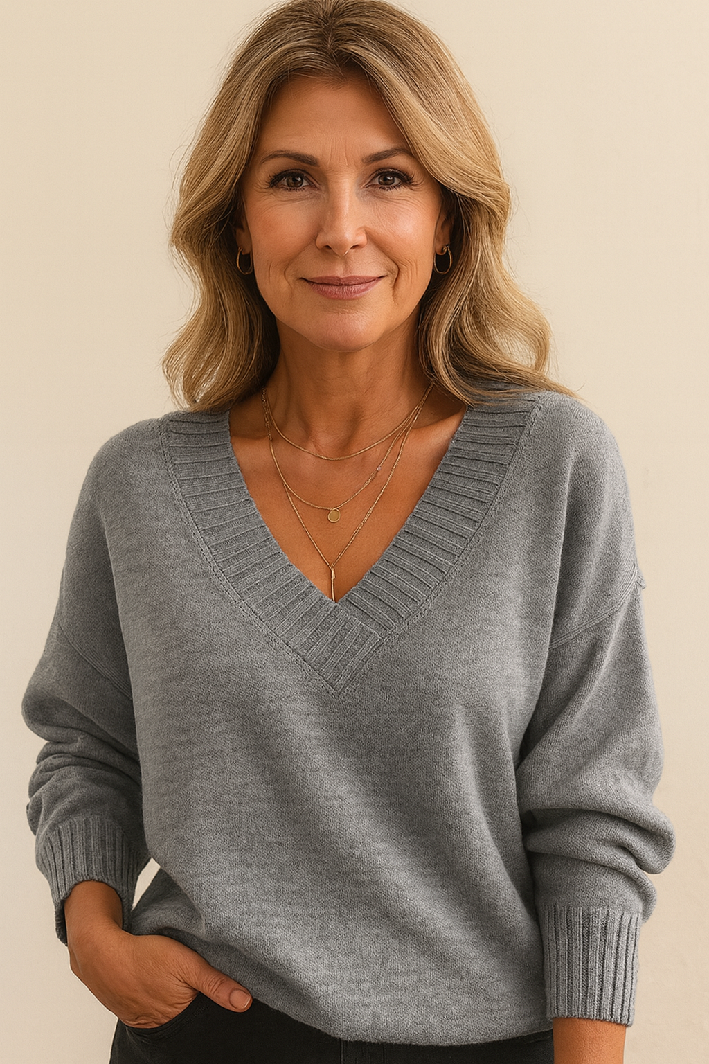 Dames Diep V-hals Gebreide Trui in grijs, Fijne Knit
