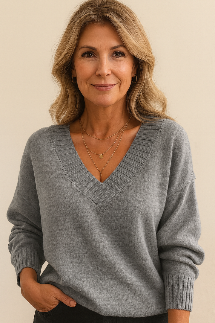 Dames Diep V-hals Gebreide Trui in grijs, Fijne Knit