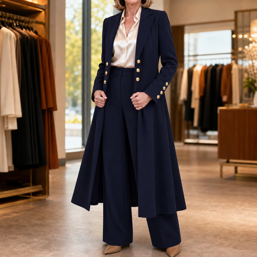 Dames Double-Breasted Longline Pak in marineblauw, Zakelijk Elegant