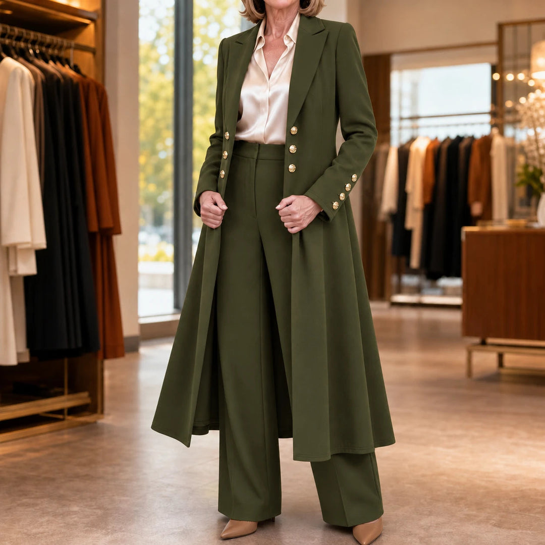 Dames Double-Breasted Longline Pak in olijfgroen, Zakelijk Elegant
