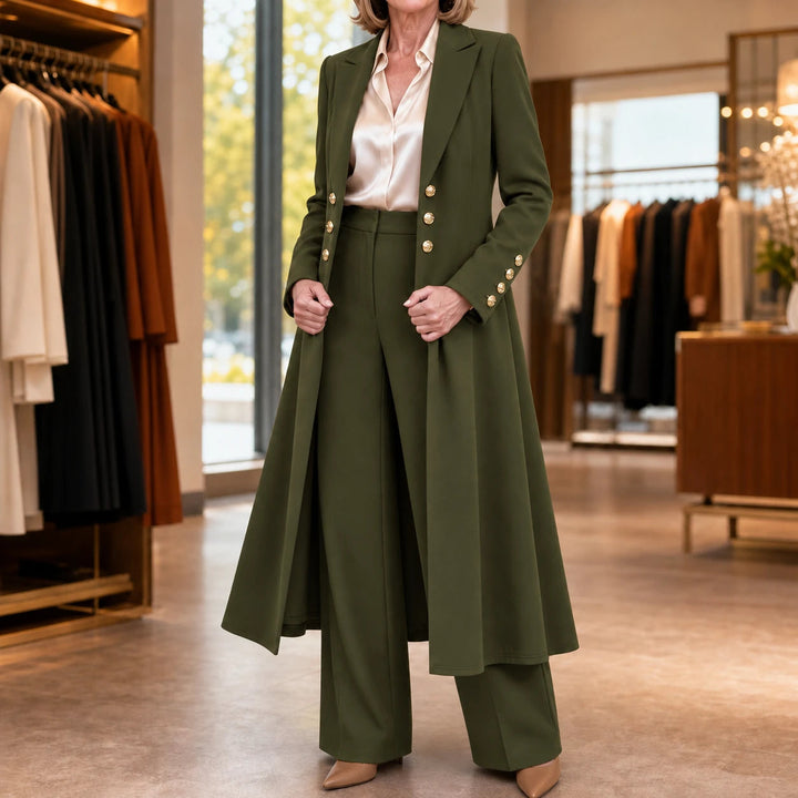 Dames Double-Breasted Longline Pak in olijfgroen, Zakelijk Elegant