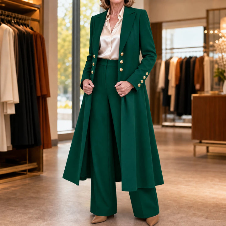 Dames Double-Breasted Longline Pak in smaragdgroen, Zakelijk Elegant