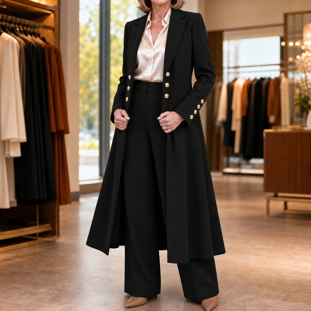 Dames Double-Breasted Longline Pak in zwart, Zakelijk Elegant