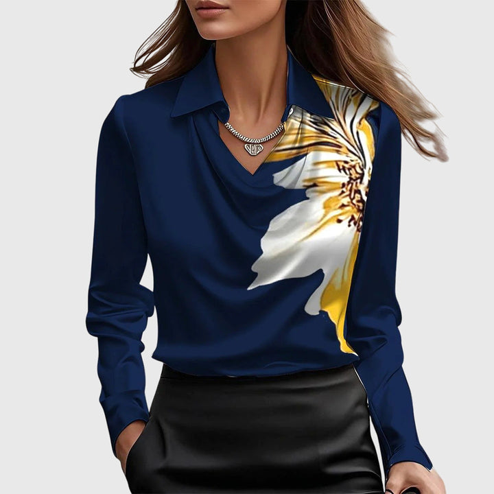 Dames Draped Elegante Blouse in donkerblauw, Verfijnde Hals